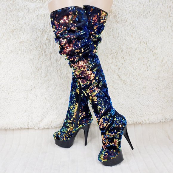 Blue Iridescent Sequin Thigh High 6" Heel Slouch Boots RESTOCKED 3004 - Picture 11 of 14